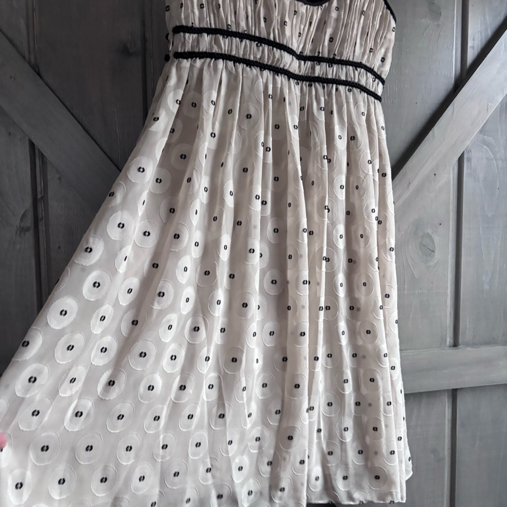 Adrianna Papell Black and Ivory Swiss Dot A Line Dress Braided Size 6 - Picture 9 of 13